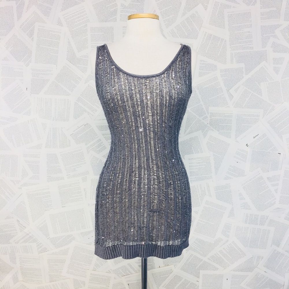 Open Knitted Mesh Tunic Dress Sequins Gray Medium